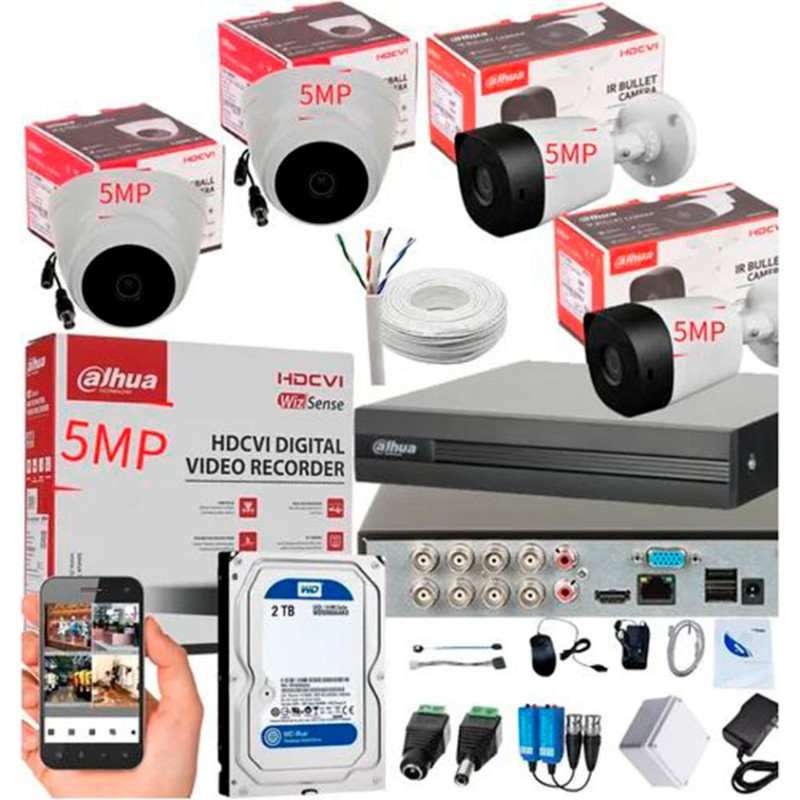 Kit Completo CCTV Fullhd 5 Megapíxeles Cámaras de Seguridad DAHUA 4 cámaras tipo domo y bala + dvr 8 canales + Disco + Gabinete Kit Completo CCTV Fullhd 5 Megapíxeles Cámaras de Seguridad DAHUA 4 cámaras tipo domo y bala + dvr 8 canales + Disco + Gabinete