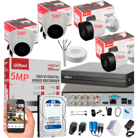Kit Completo CCTV Fullhd 5 Megapíxeles Cámaras de Seguridad DAHUA 4 cámaras tipo domo y bala + dvr 8 canales + Disco + Gabinete