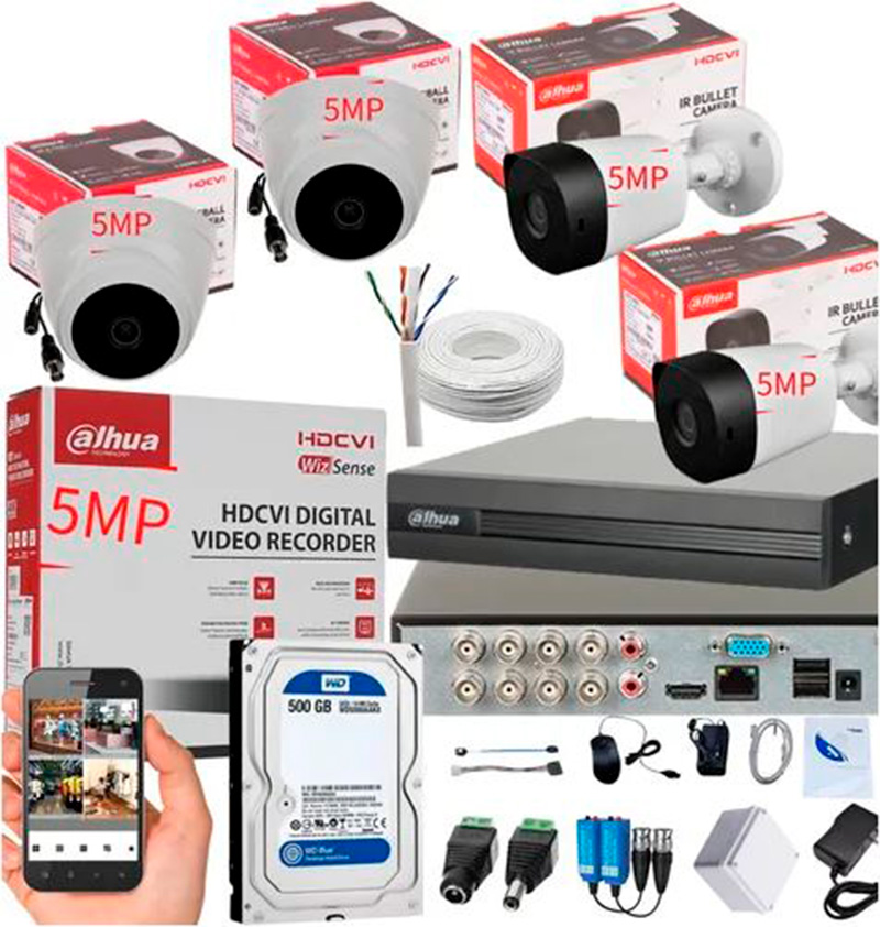 Kit Completo CCTV Fullhd de 5 Megapíxeles Cámaras de Seguridad DAHUA 4 cámaras tipo domo y bala Full color dvr de 8 canales 1080p- 5 MPX + Disco Duro y gabinete
